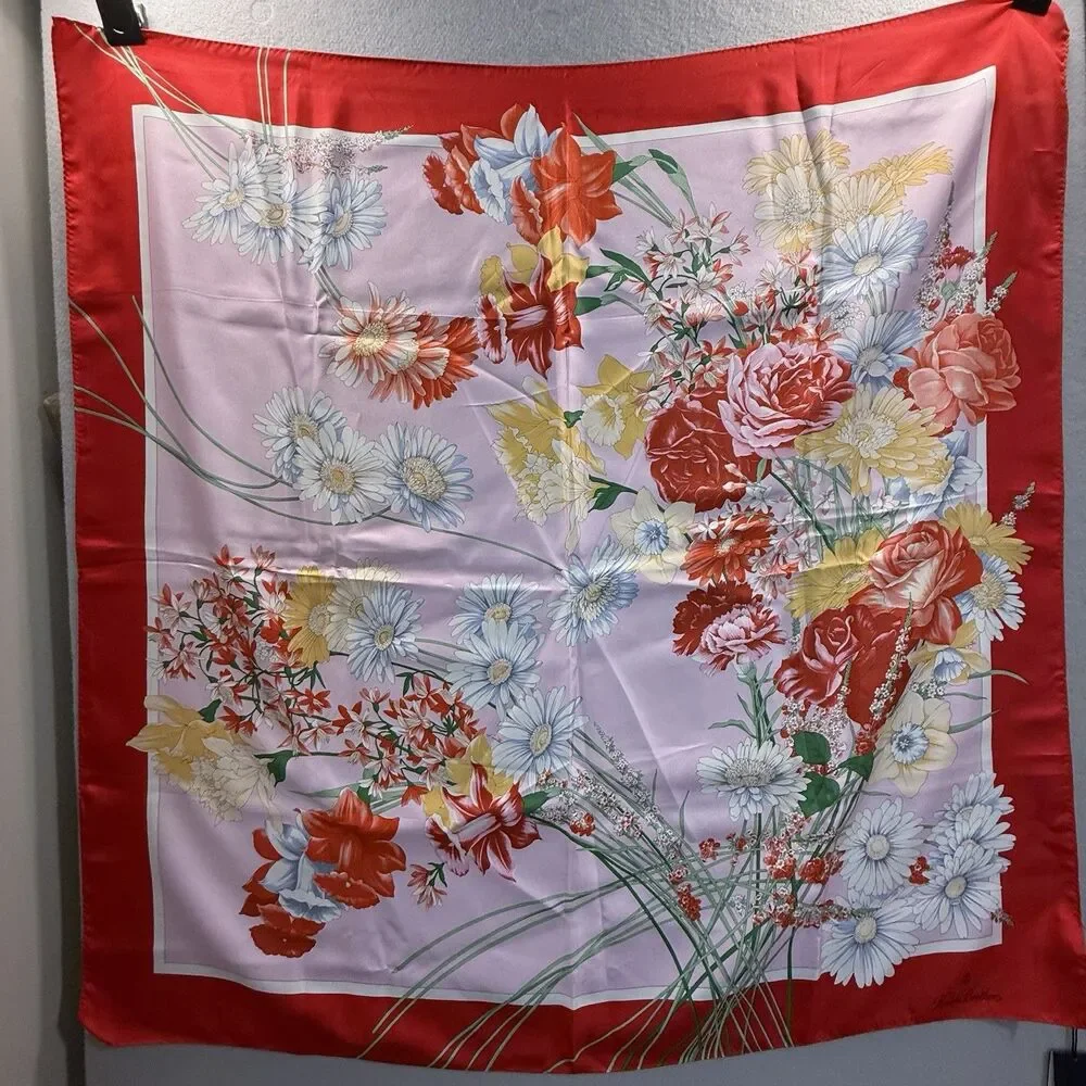 Brooks Brothers Silk Square Scarf Floral Botanical Rose Red Pink NWT Italy VTG